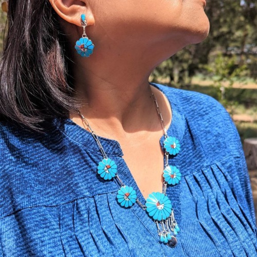Zuni Chain Necklace and Earrings Set Turquoise Sun‎ Face Native American Jewelry